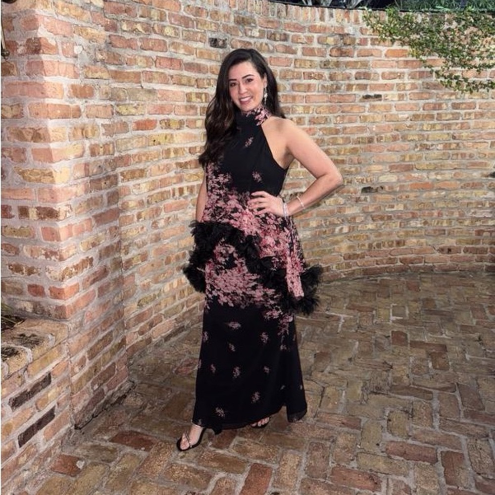 Elliatt Black Gown with Pink Floral Print and Feather Trim - Picture 2 of 7